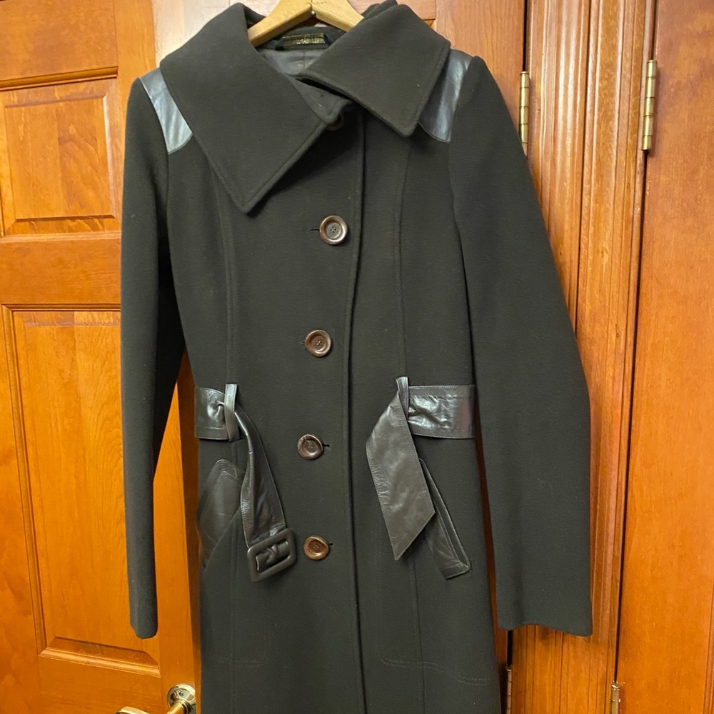 Mackage wool coat with leather belt, accents, trim
